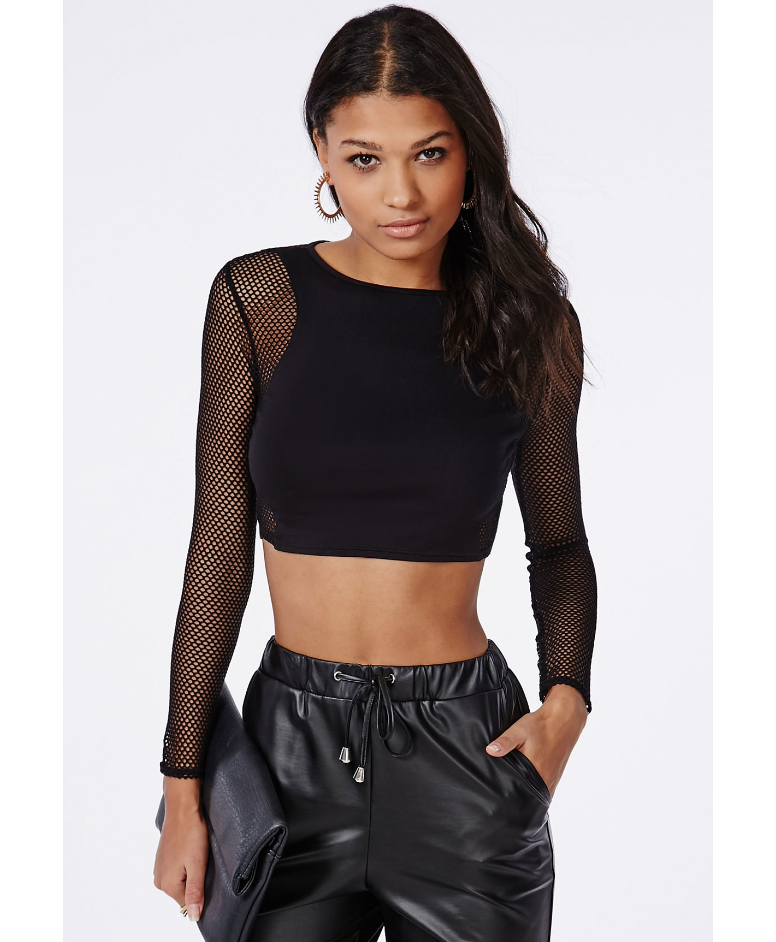 Download Missguided Long Sleeve Jersey Front Fishnet Crop Top Black ...