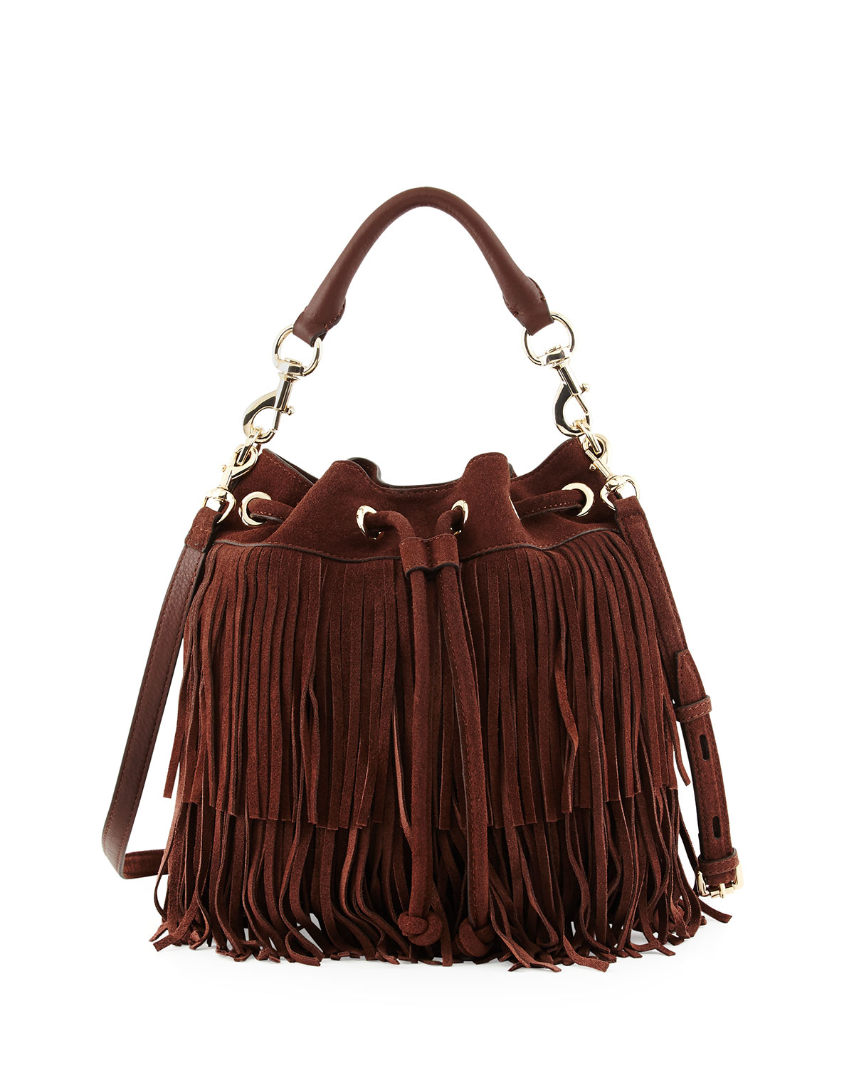 Rebecca minkoff Fiona Suede Fringe Bucket Bag in Brown (chocolate) | Lyst