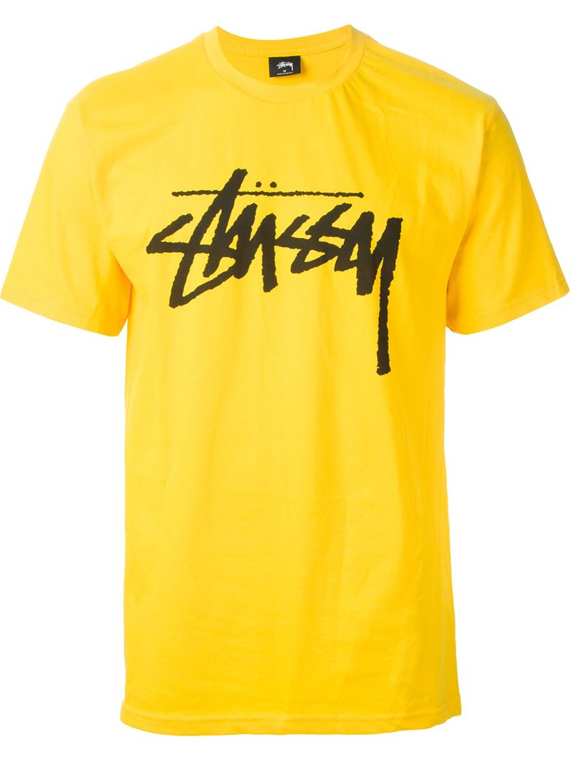 Stussy Logo Print T-Shirt in Yellow for Men - Lyst