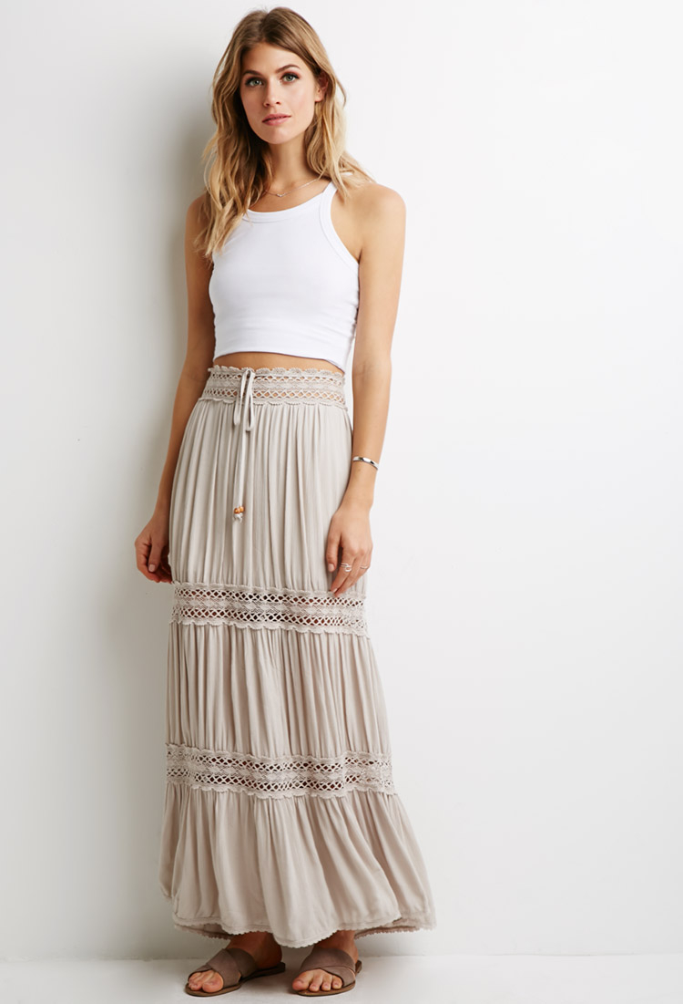 Lyst - Forever 21 Contemporary Crochet-paneled Crepe Maxi Skirt in Natural