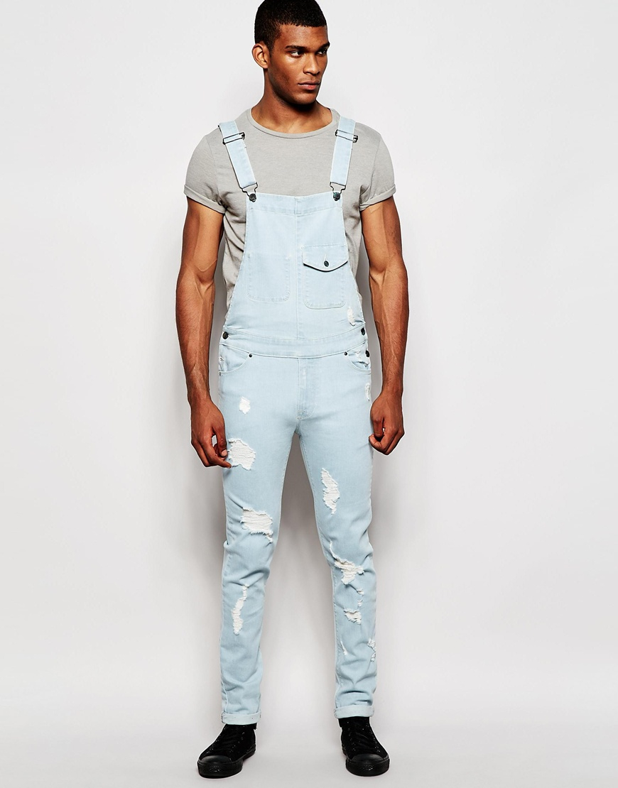 Asos Overalls In Skinny Fit With Rips in Beige for Men (Midwashblue) | Lyst