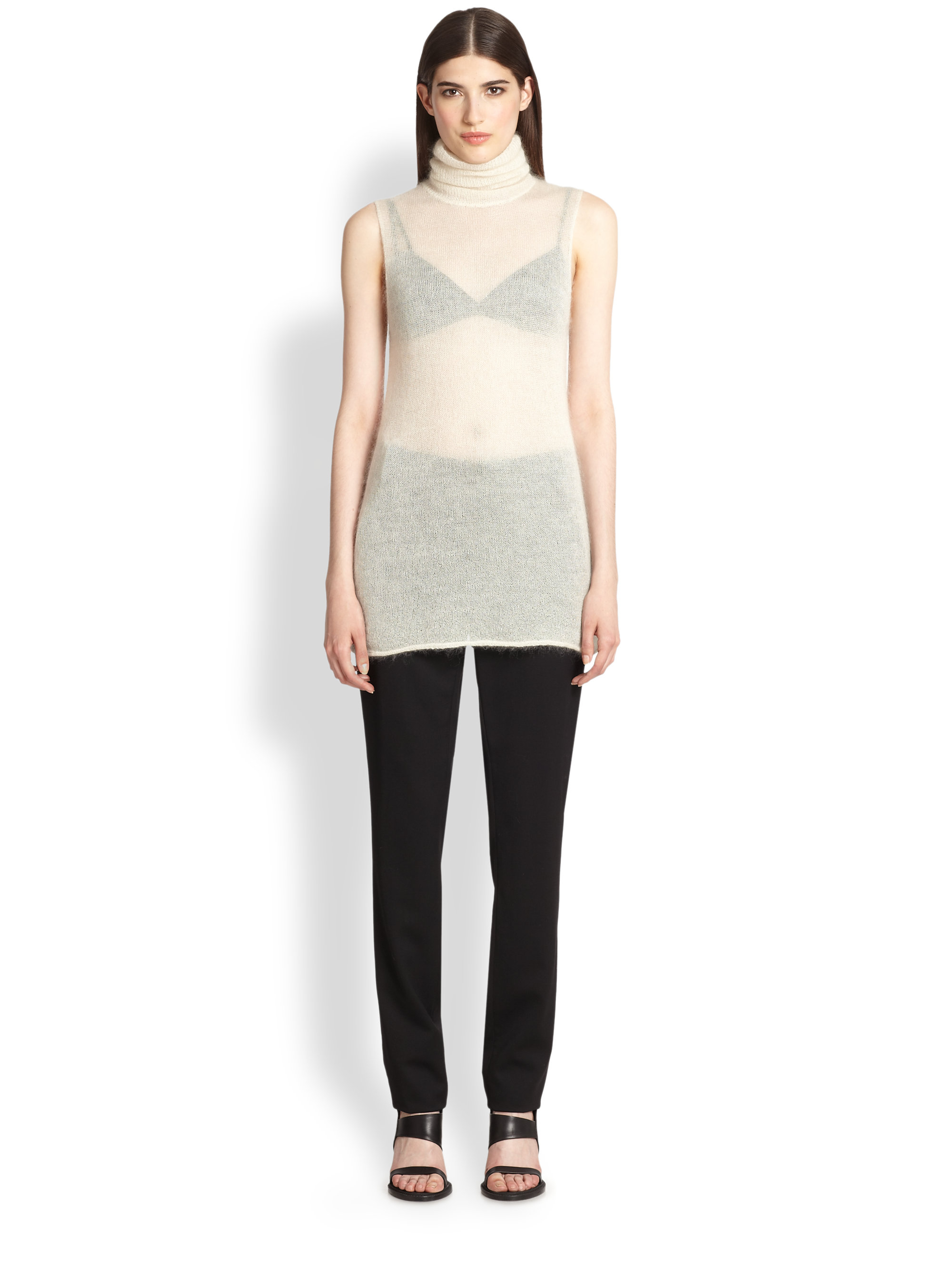 Lyst Helmut Lang Mohair & Silk Sheer Sleeveless Turtleneck Top in Natural