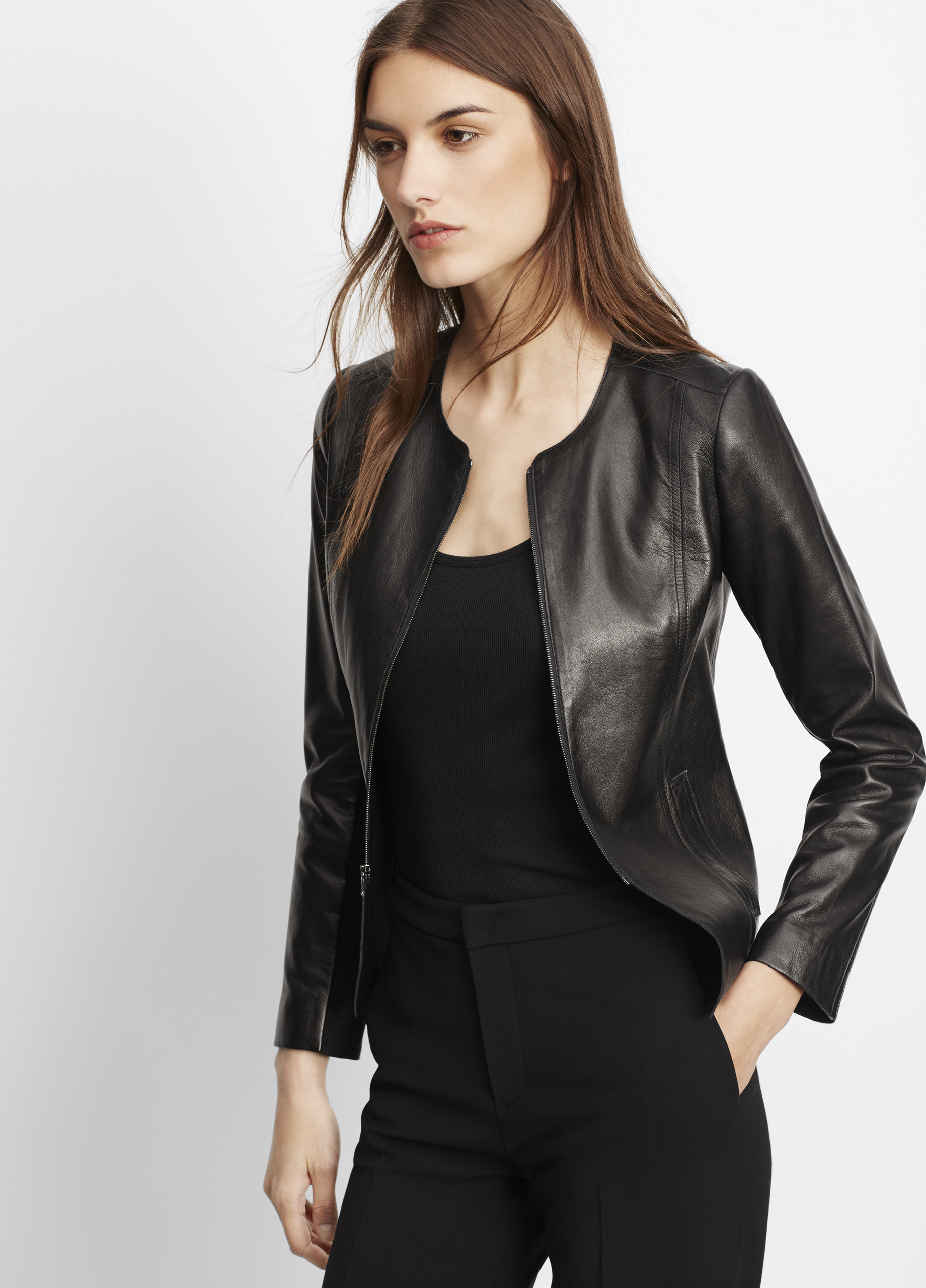 Vince Tailored Collarless Leather Jacket in Black | Lyst