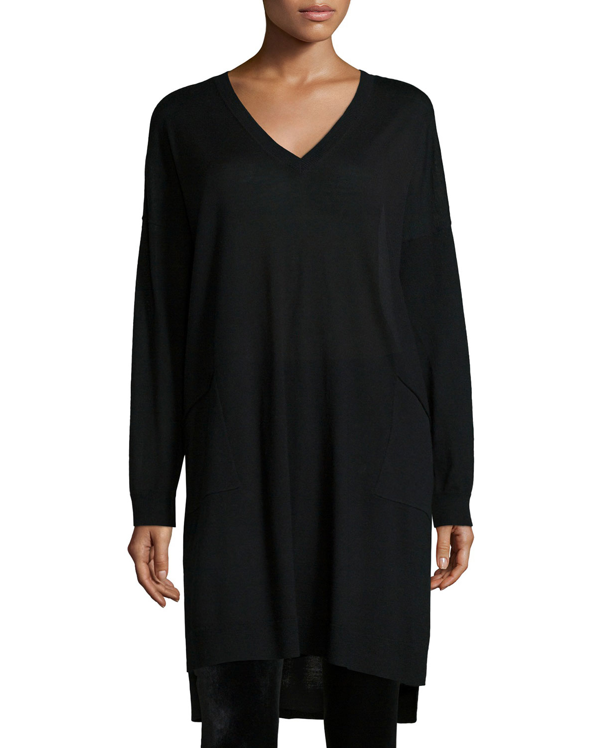 Lyst - Eileen Fisher Long-sleeve V-neck Jersey Dress in Black