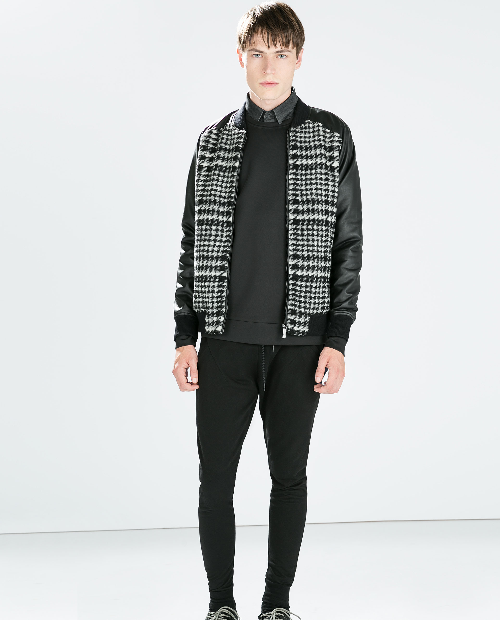 Zara Houndstooth Bomber Jacket With Faux Leather Sleeves in Black for ...