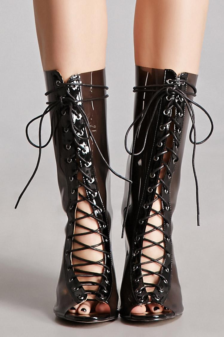 Lyst Forever 21 Clear Laceup Lucite Heel Boots in Black