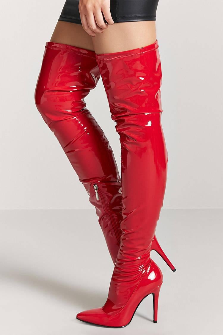 Lyst Forever 21 Faux Patent Leather Thigh High Boots In Red 7171