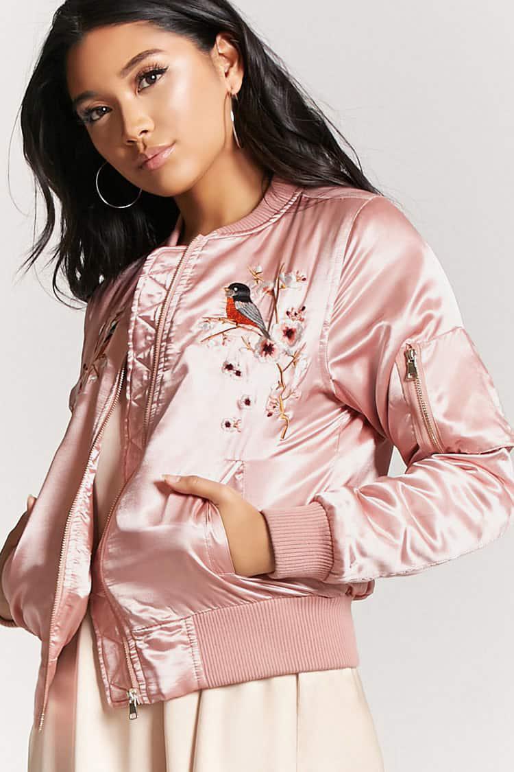 Forever 21 Satin Embroidered Floral Bomber Jacket in ...