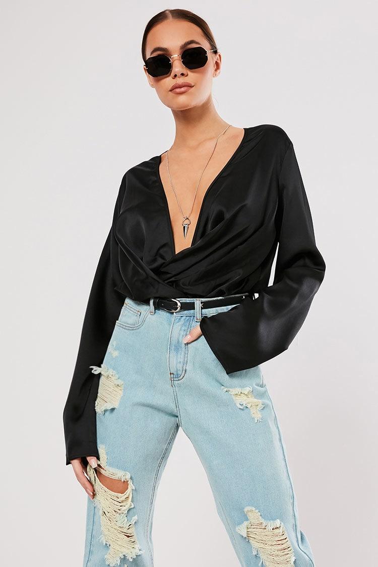 black plunging cowl neck mini
