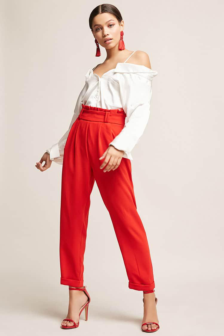 red paperbag waist pants