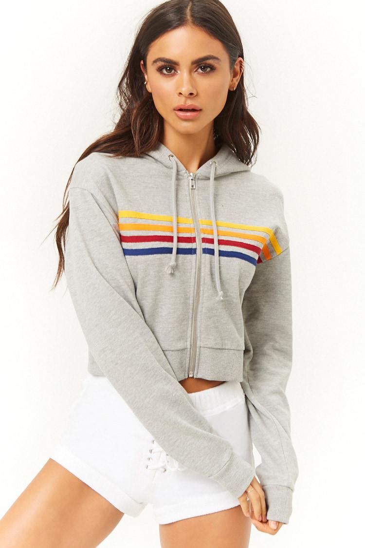 Forever 21 Women's Rainbow-striped Zip-up Hoodie in Gray - Lyst