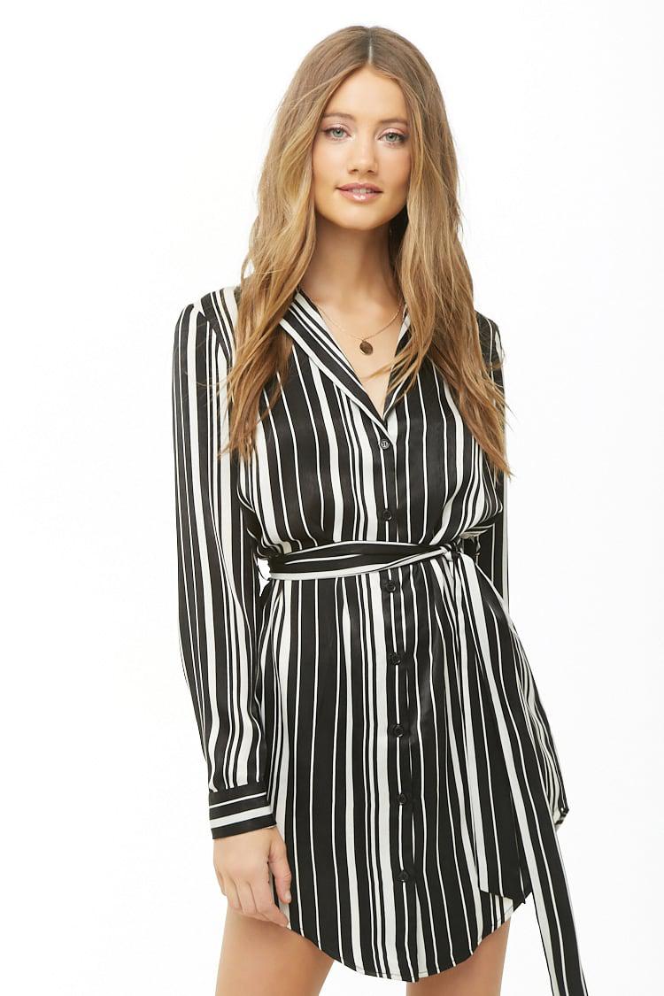 Lyst - Forever 21 Striped Satin Belted Shirt Dress in Black
