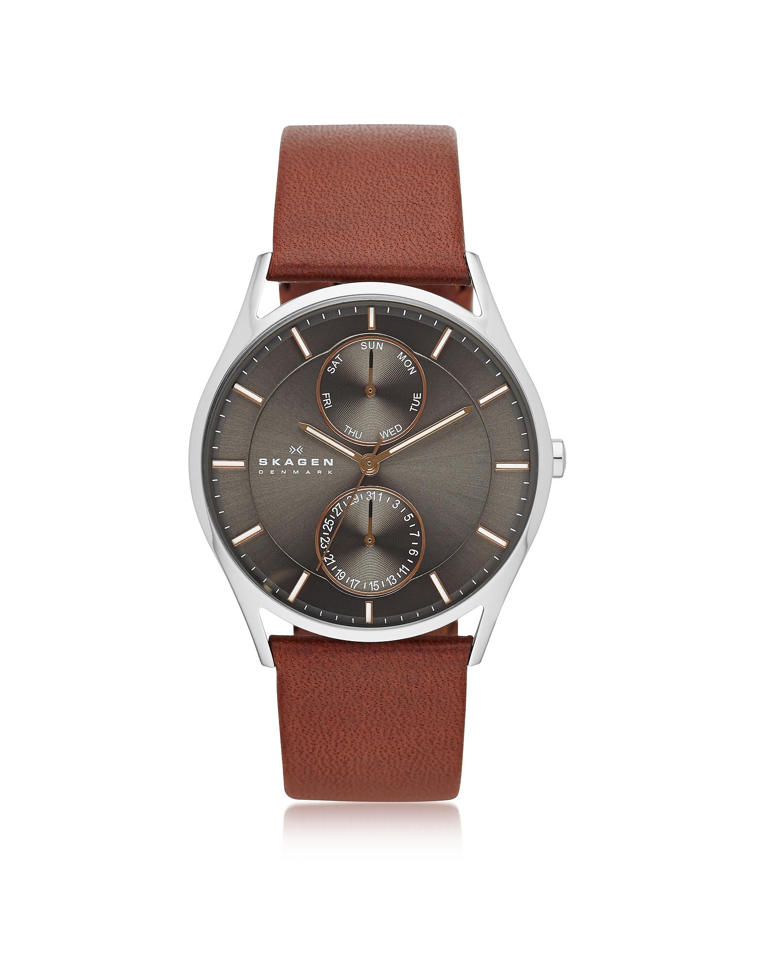 skagen | brown holst multifunction leather mens watch for men