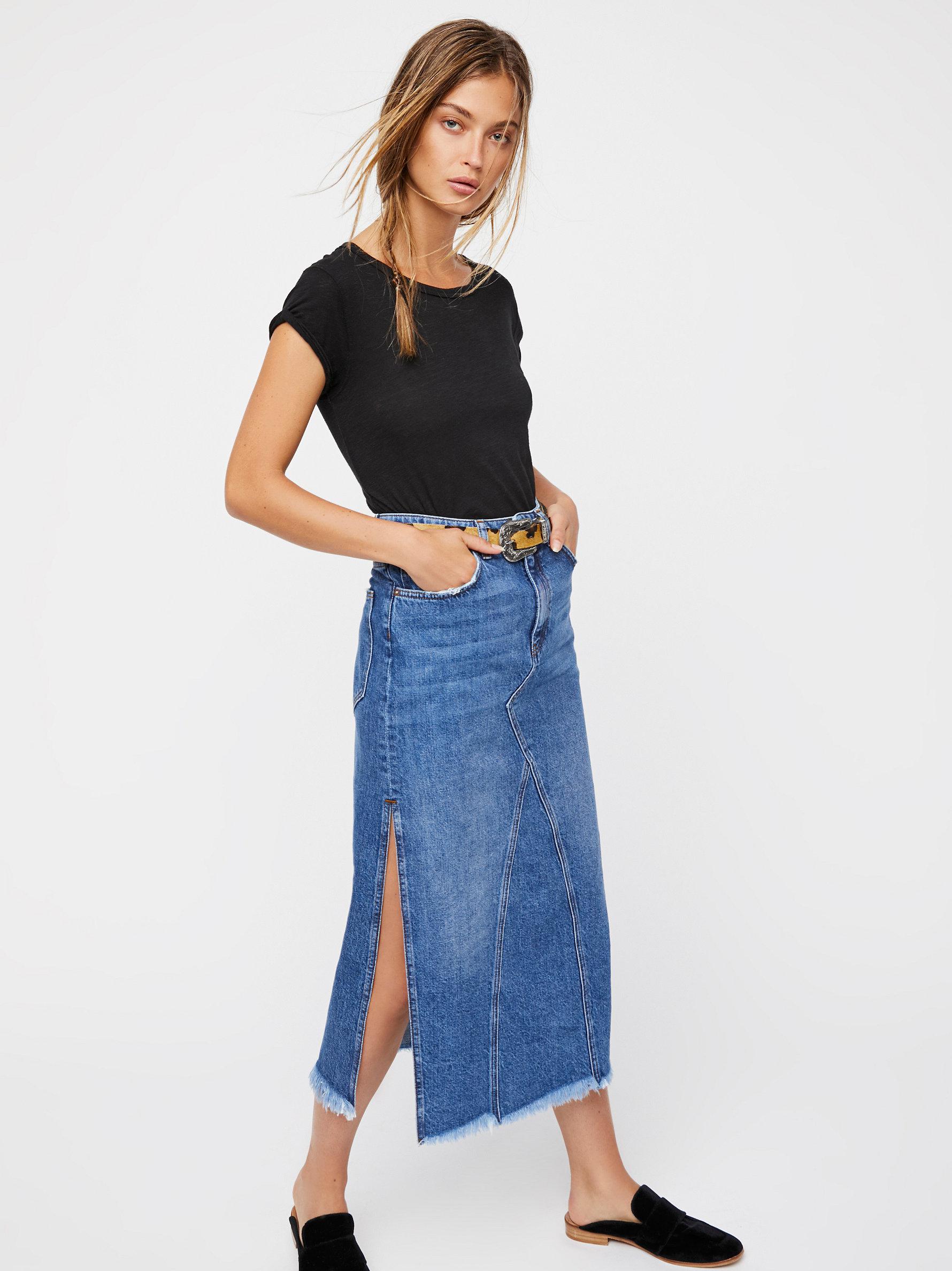 Lyst - Free People Walk In The Park Denim Midi Skirt in Blue