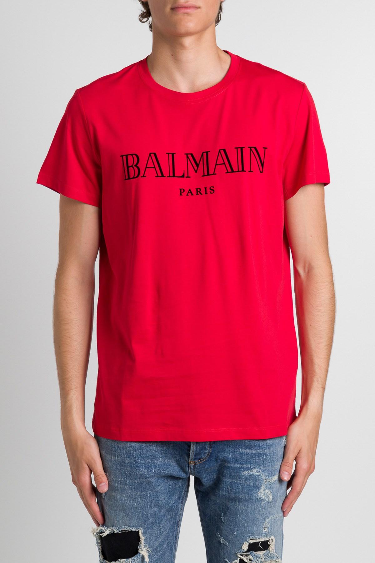Balmain Cotton ' Logo' Print T-shirt in Red for Men - Lyst