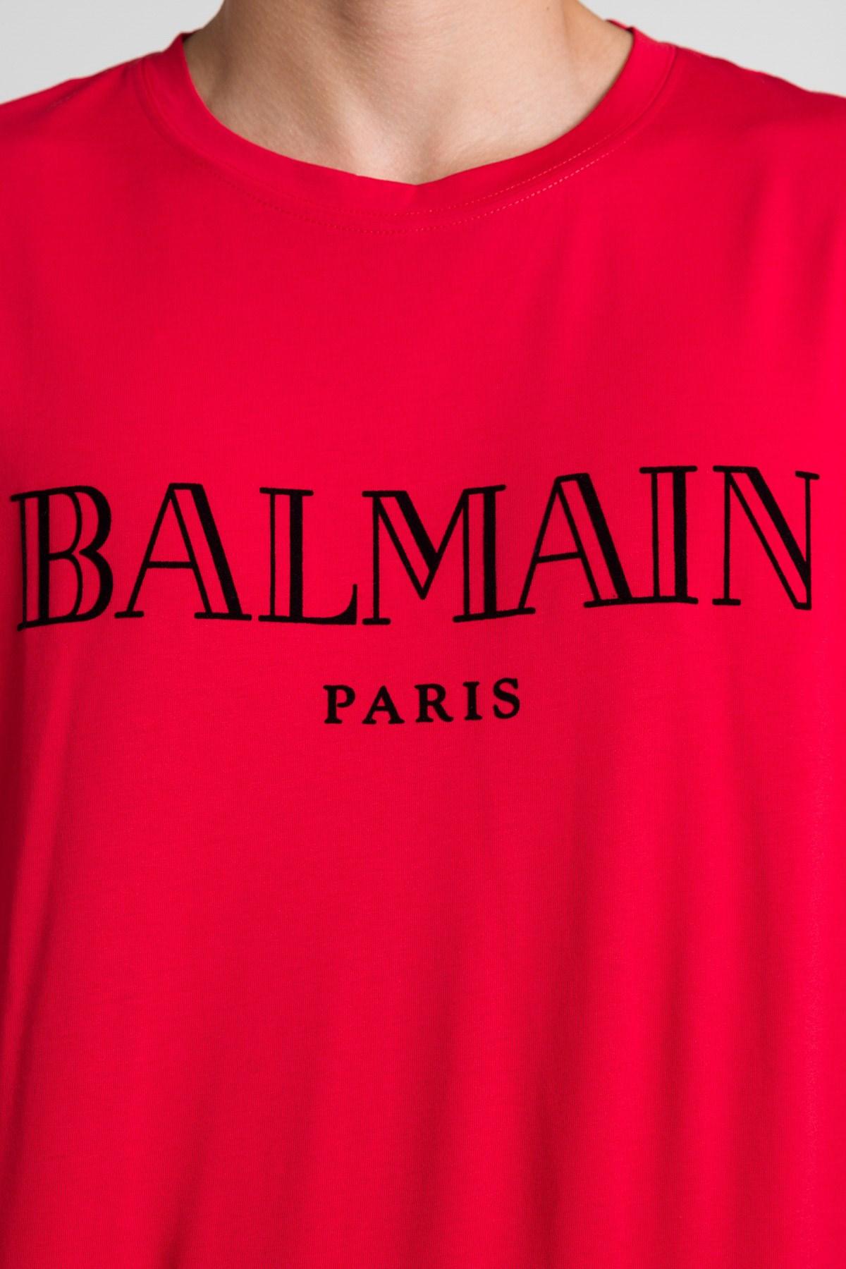 Balmain Cotton ' Logo' Print T-shirt in Red for Men - Lyst