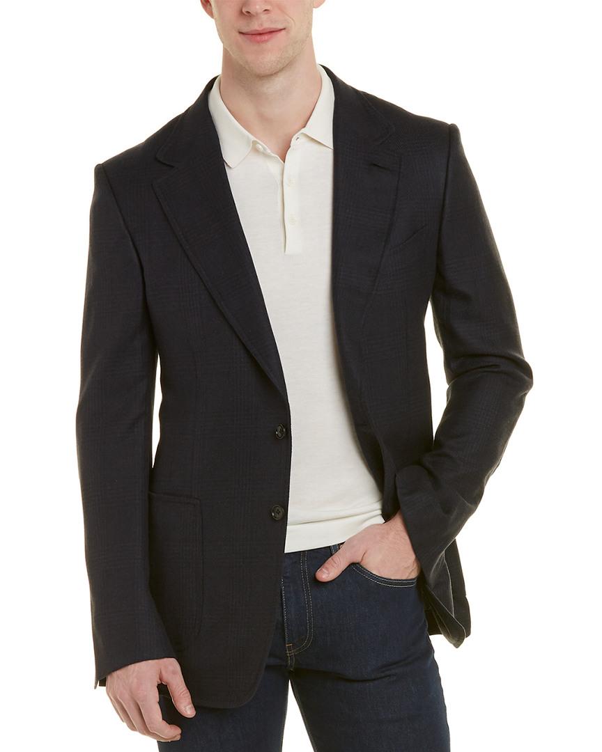 Tom Ford Leather-trim Silk & Wool-blend Blazer in Blue for Men - Lyst