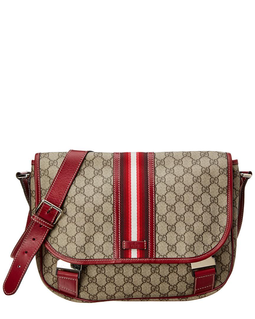 Gucci Brown GG Supreme Canvas & Red Leather Messenger Bag - Lyst
