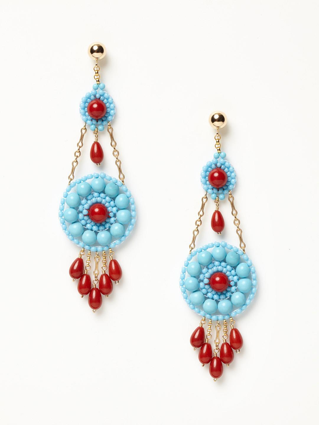 Lyst Miguel Ases Turquoise And Coral Chandelier Earrings In Blue