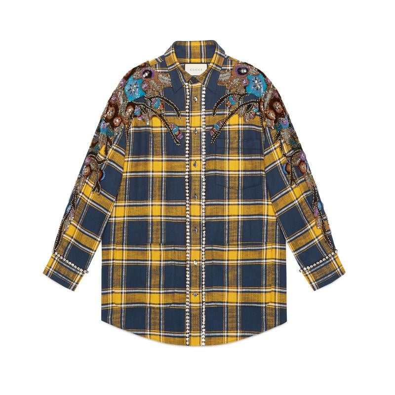 gucci - blue embroidered plaid oversize shirt - lyst