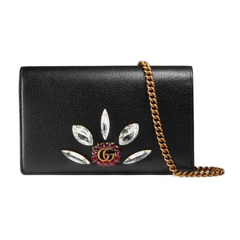 Lyst - Gucci Leather Mini Chain Bag With Double G And Crystals in Black