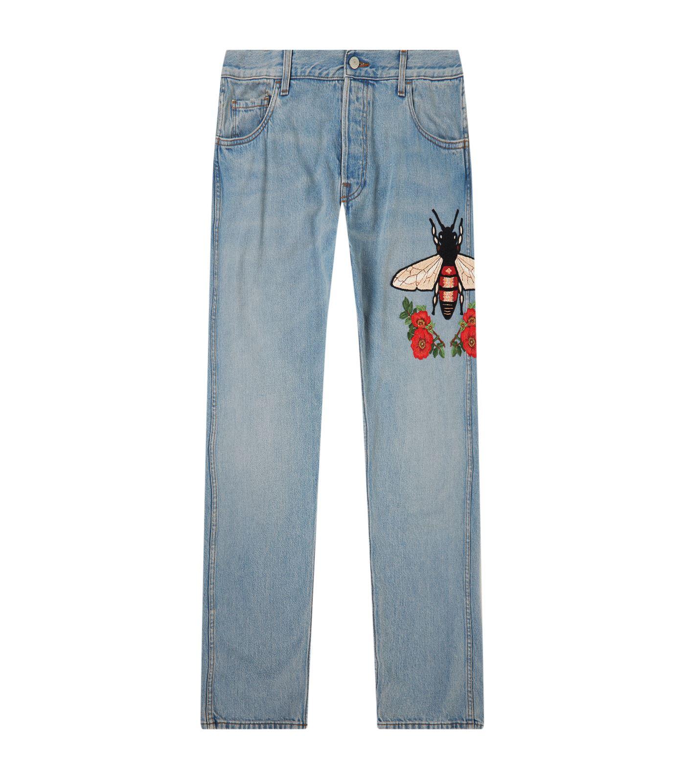 Gucci Bee Embroidered Jeans in Blue for Men | Lyst