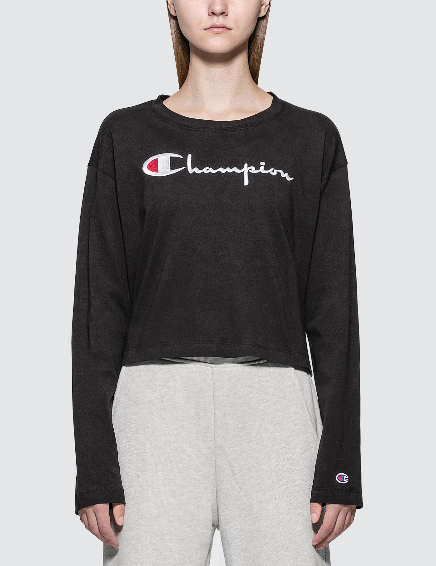 Champion Cotton Big Script Long Sleeve Cropped T-shirt in Black - Save ...