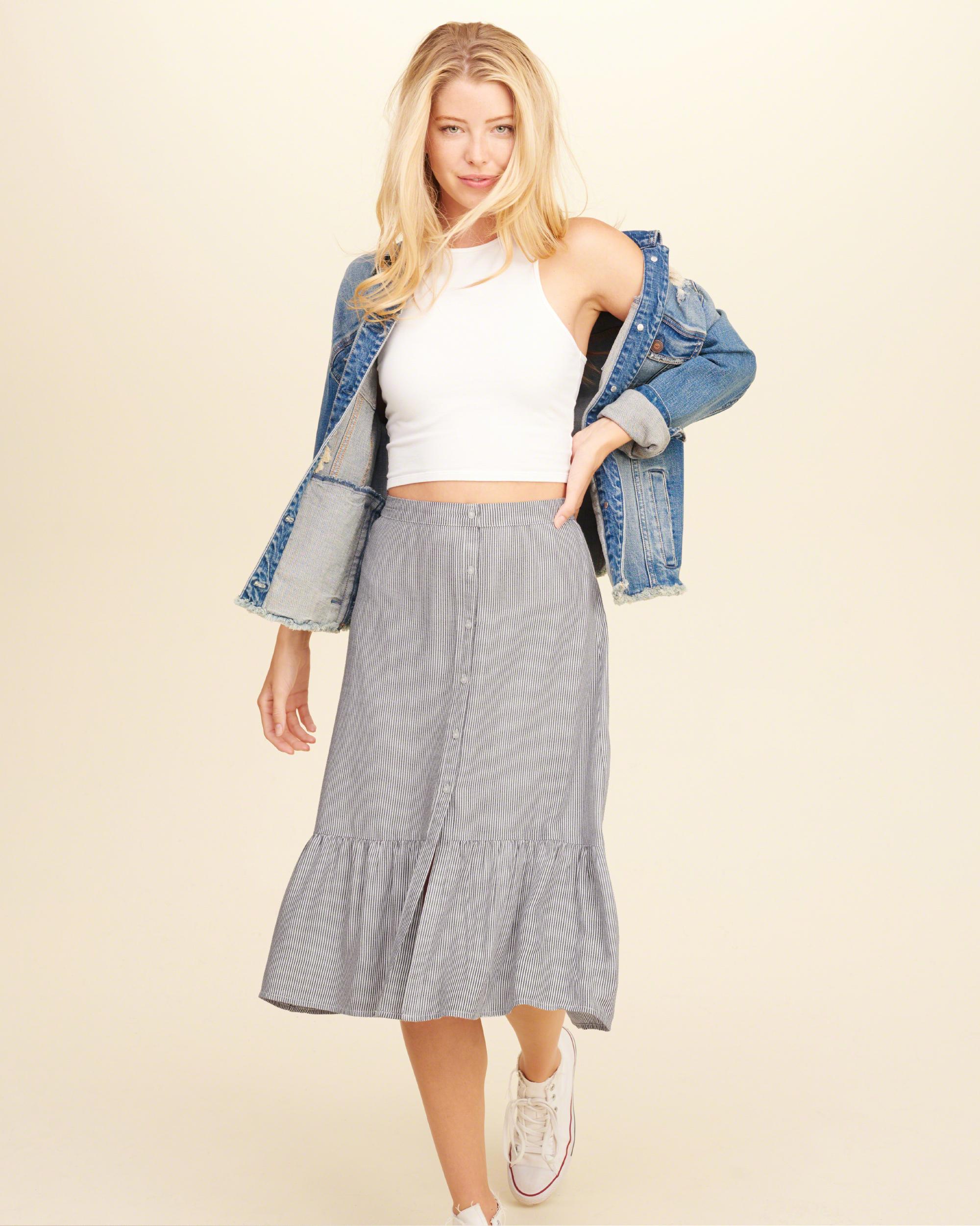 Lyst - Hollister Ruffle Button-front Midi Skirt in Gray