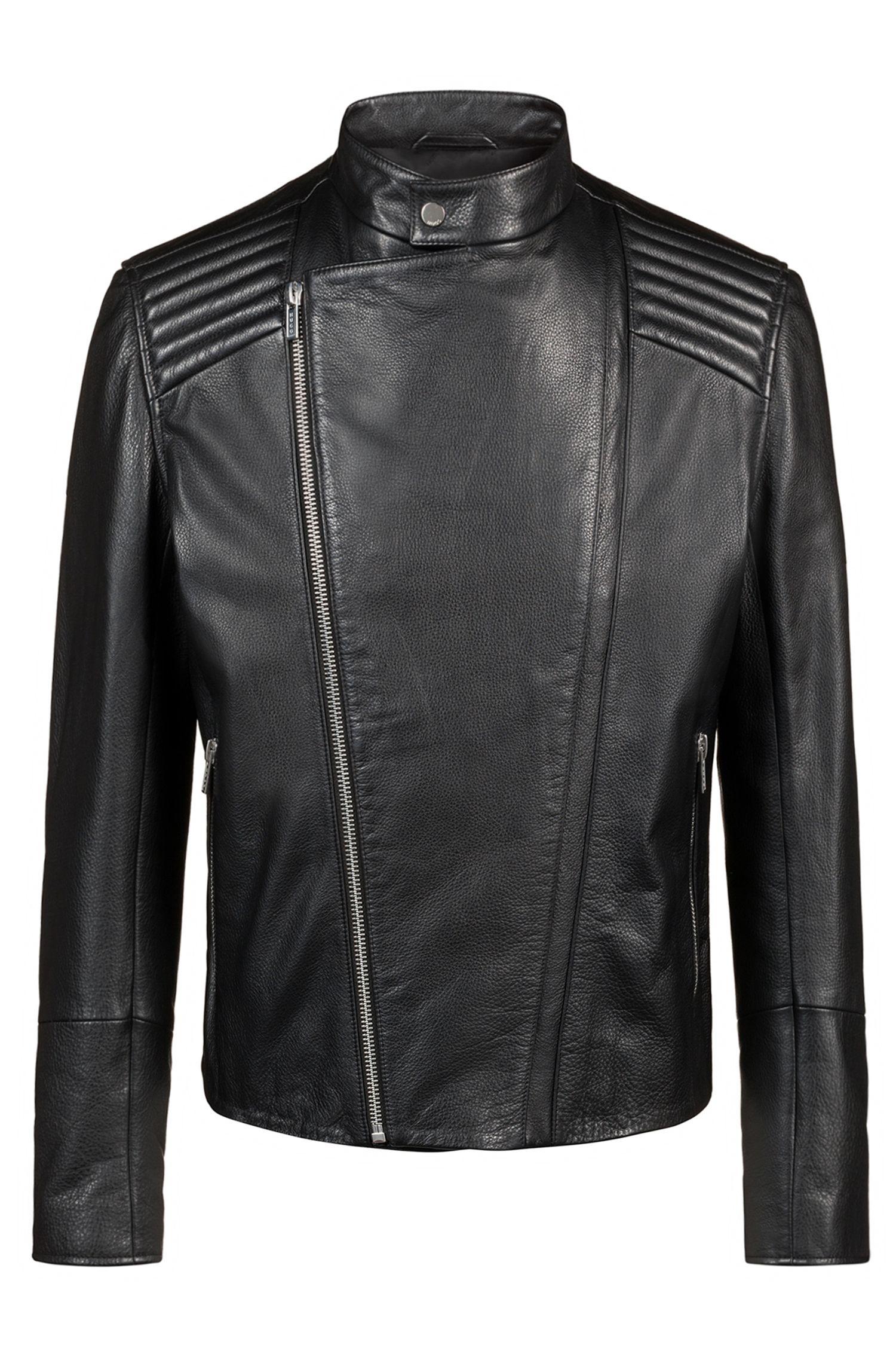 HUGO Leather Jacket With Quilted Shoulders And Asymmetric Zip in Black ...