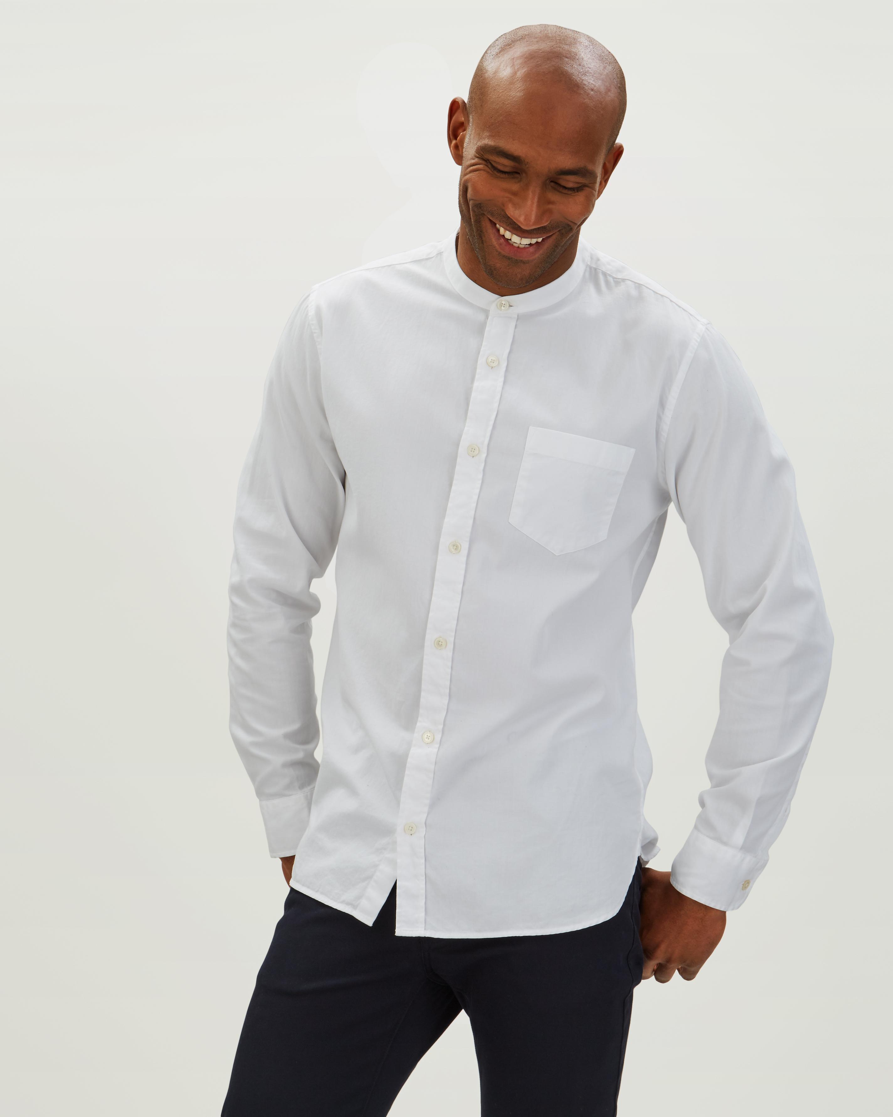 mens white collarless dress shirt