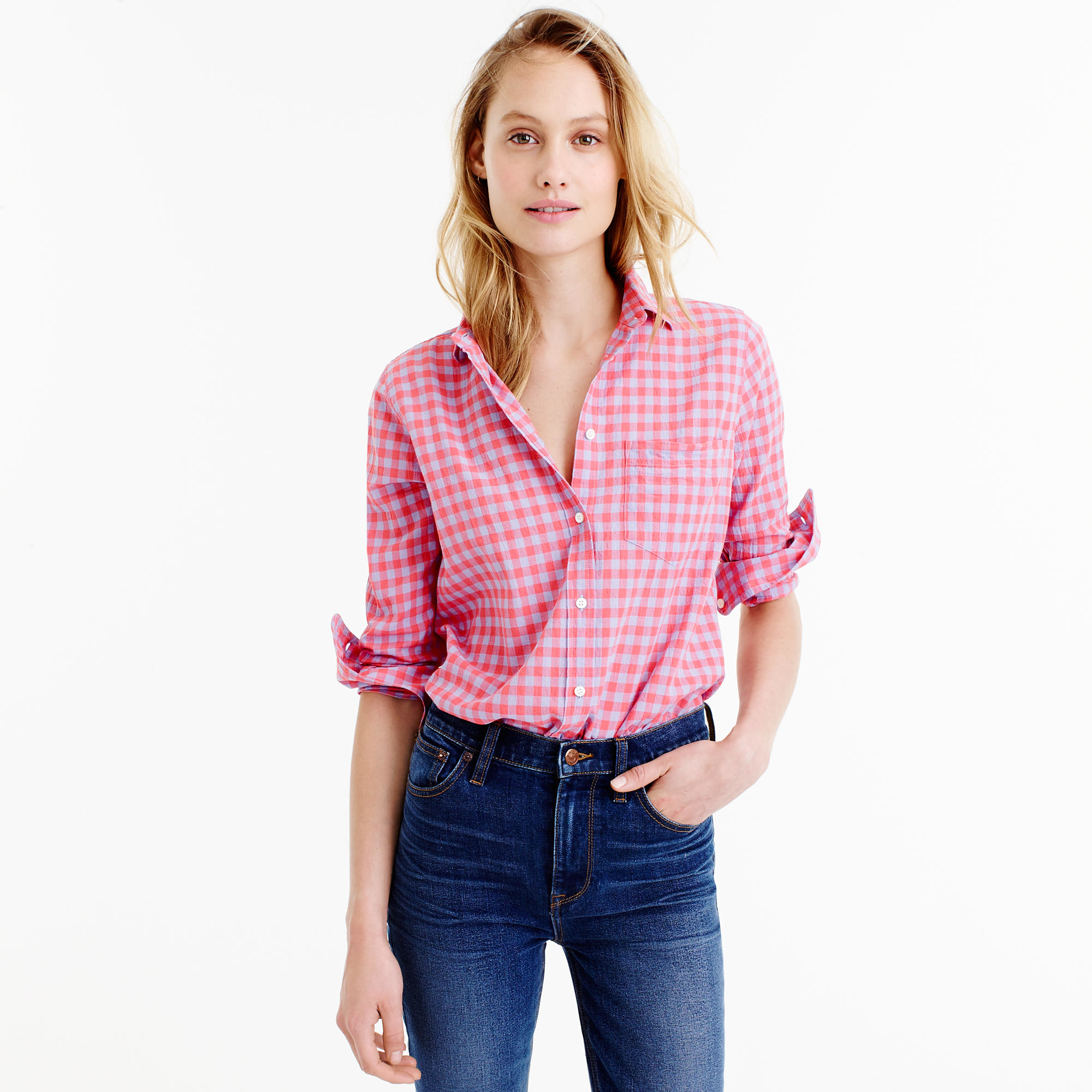 J.crew Tall Boy Shirt In Two-tone Crinkle Gingham in Pink | Lyst