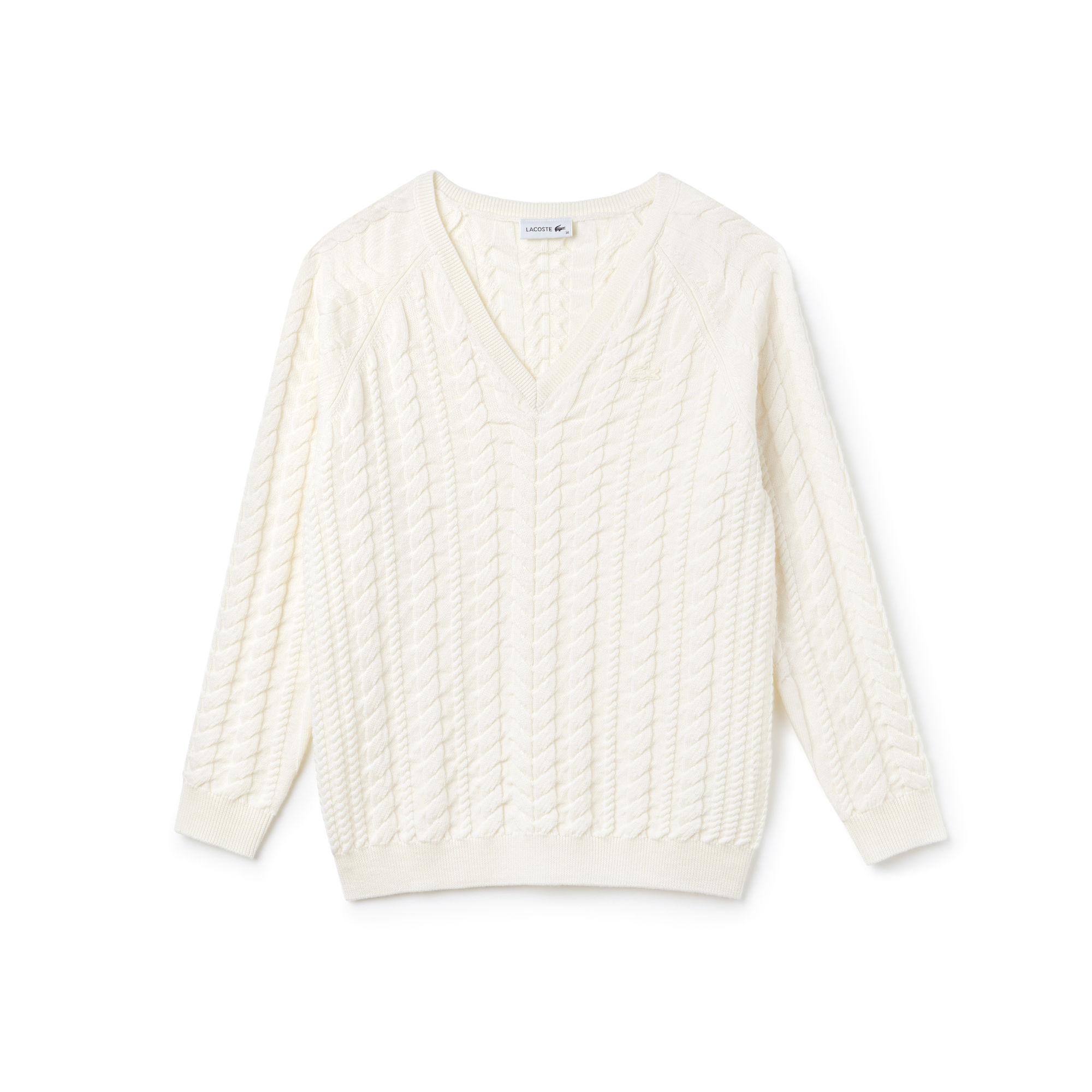 Lyst - Lacoste V-neck Cotton And Wool Cable Knit Sweater in White