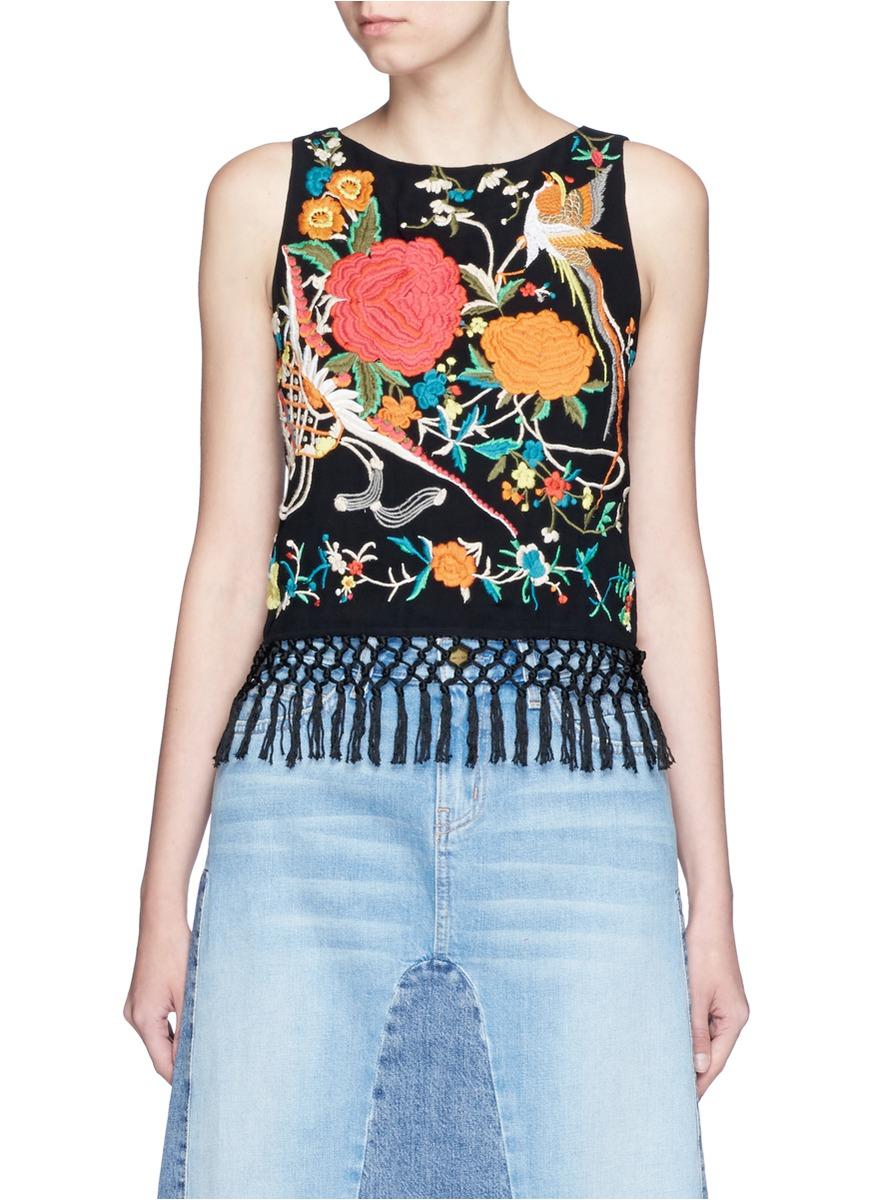 Alice + olivia 'clarice' Floral Embroidery Fringe Chiffon Top in Black