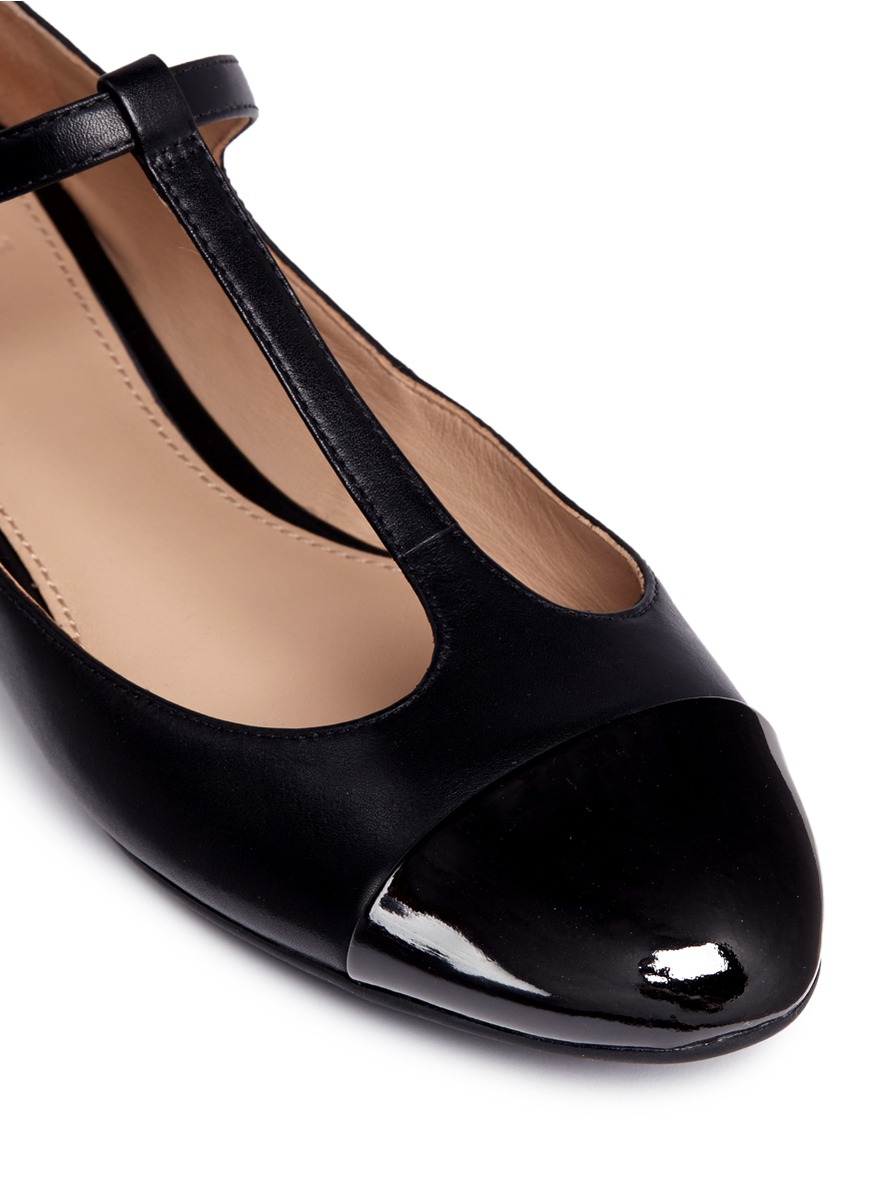 Lyst - Tory Burch 'blossom' T-strap Patent Toe Cap Leather Flats in Black