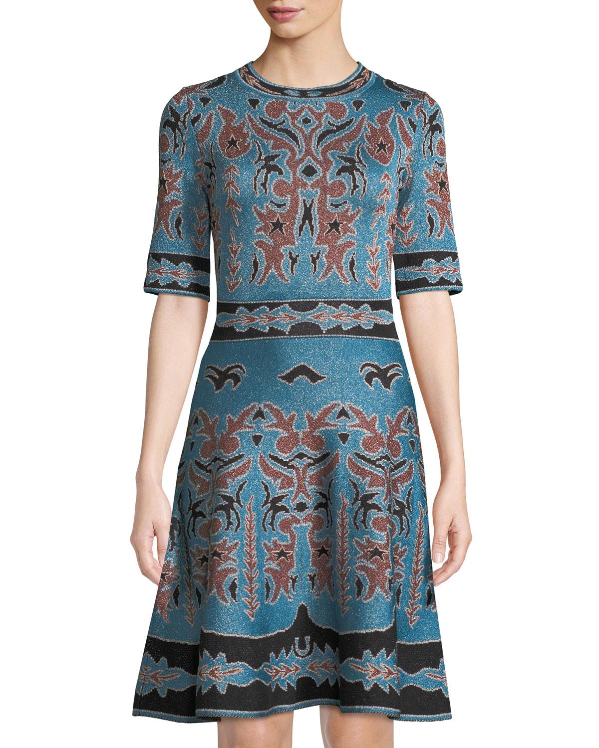 Lyst - M Missoni 1/2-sleeve Shimmer Intarsia Fit & Flare Dress in Blue