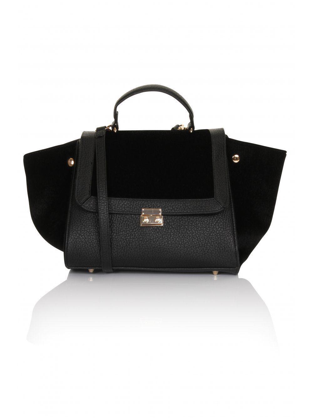 Lyst Pieces Black Faux Pony Hair Oversized Wing Tote Bag In Gallery
