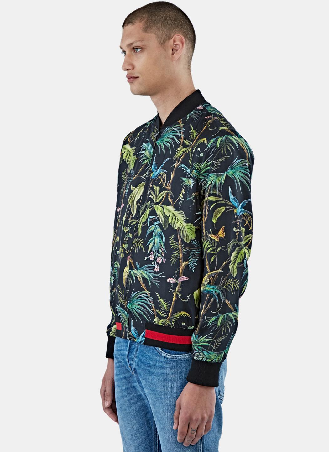 Lyst - Gucci Men's Satin Tropical Print Bomber Jacket In Black And ...