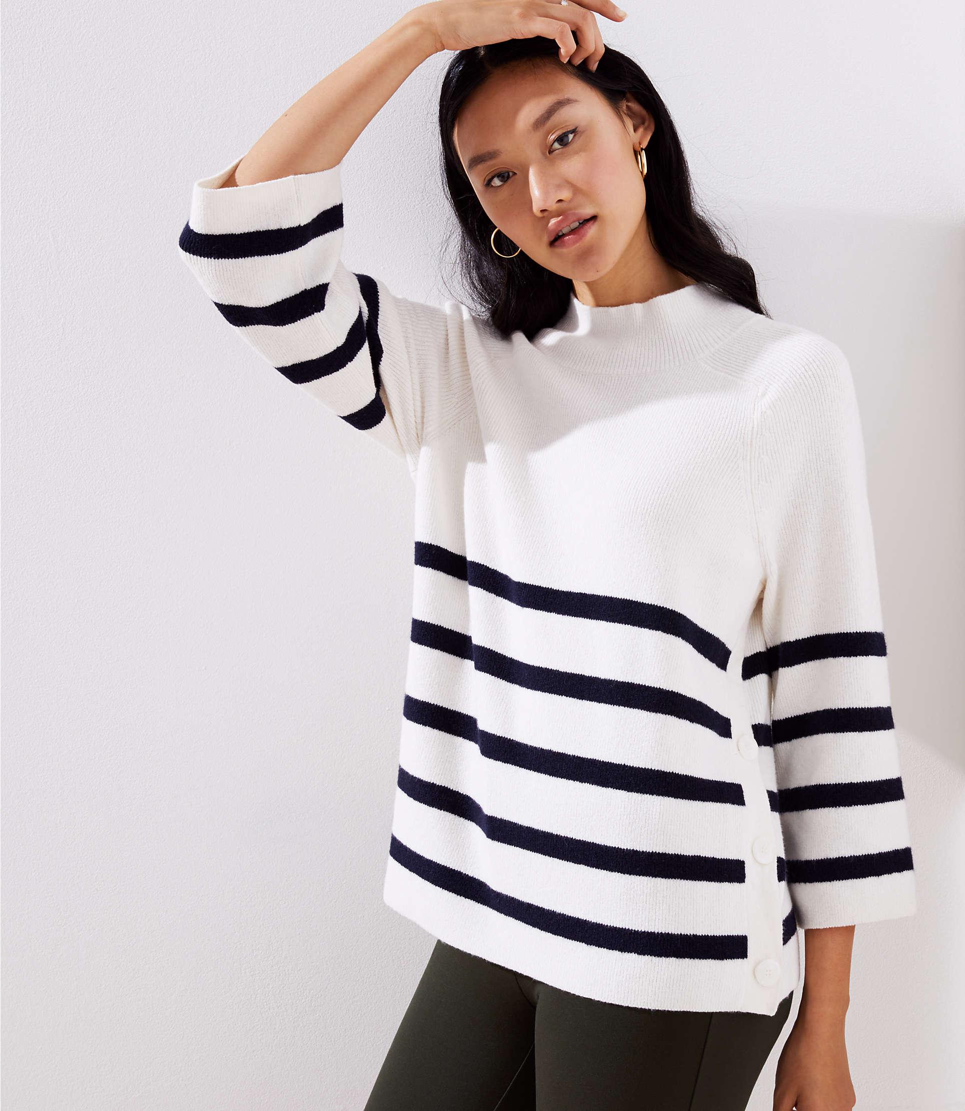 Download Lyst - LOFT Striped Mock Neck Side Button Sweater in White