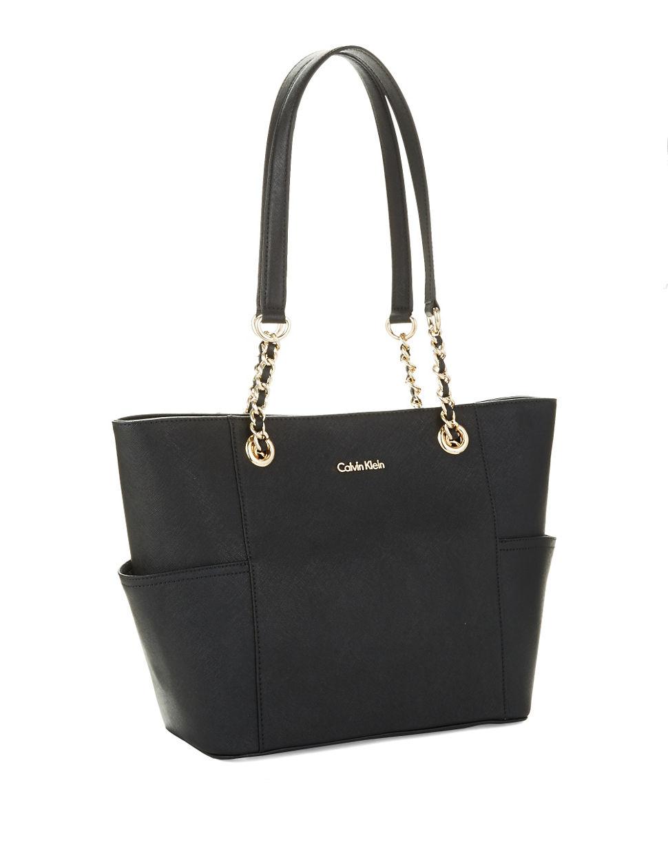 Calvin Klein Saffiano Leather Tote Bag in Black/Gold (Black) - Lyst