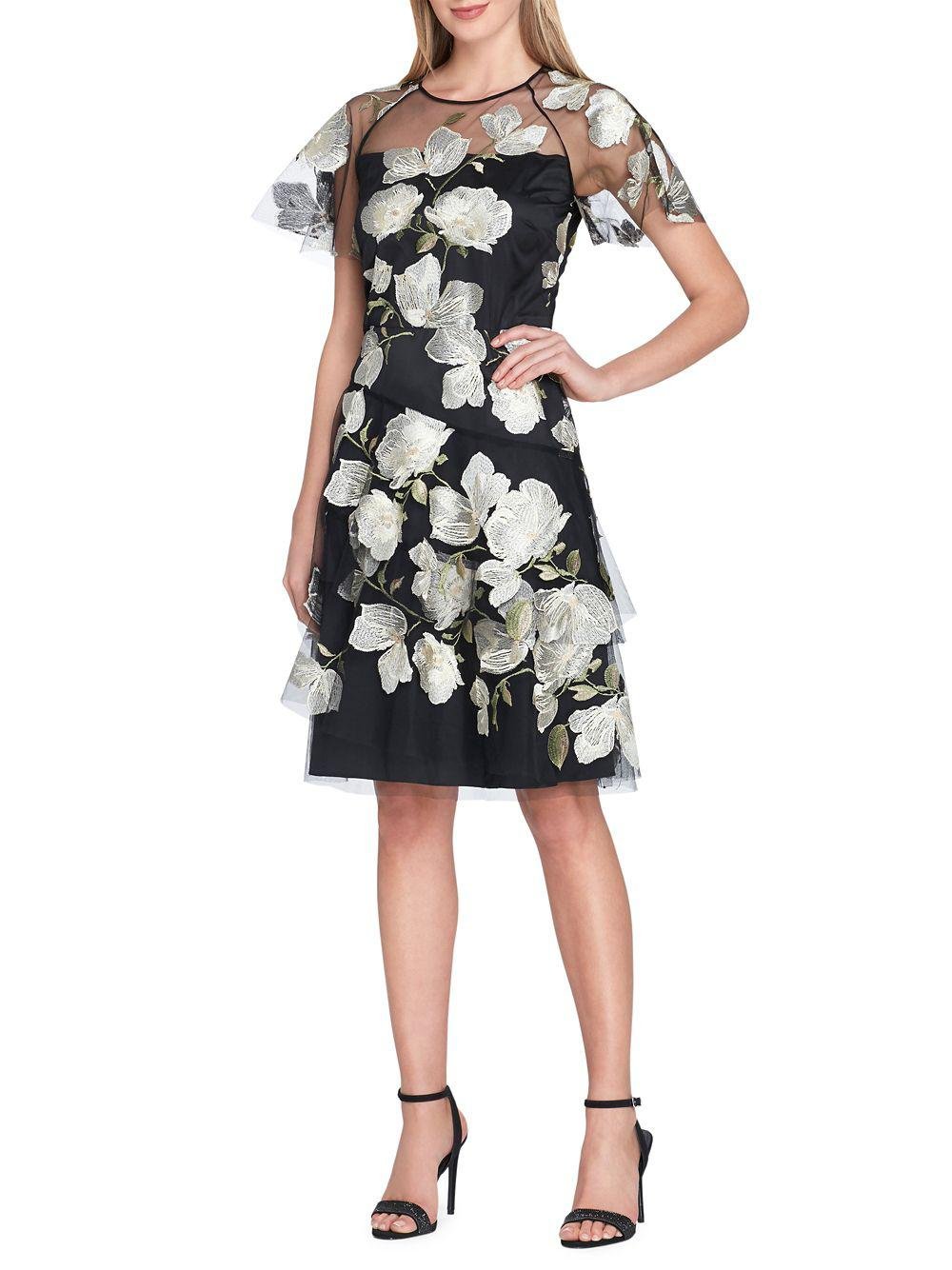 Lyst - Tahari Floral Embroidered Mesh Short Sleeve Dress in Black