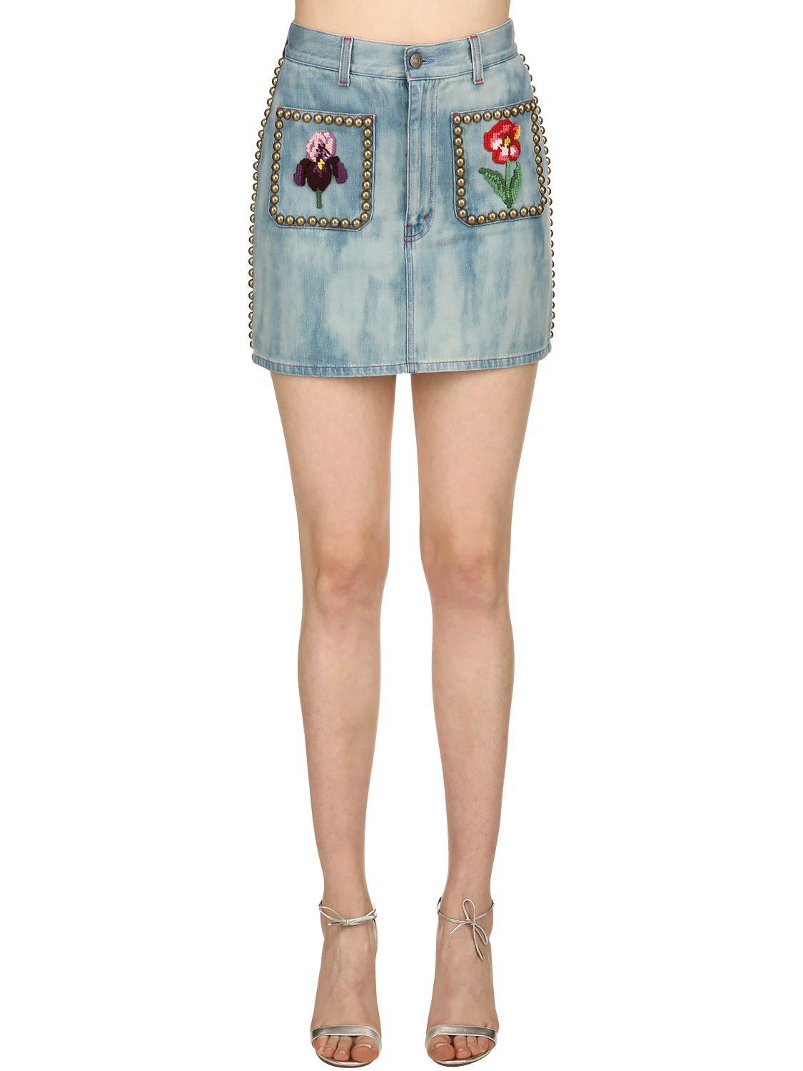 Lyst - Gucci Studded & Embroidered Cotton Denim Skirt in Blue