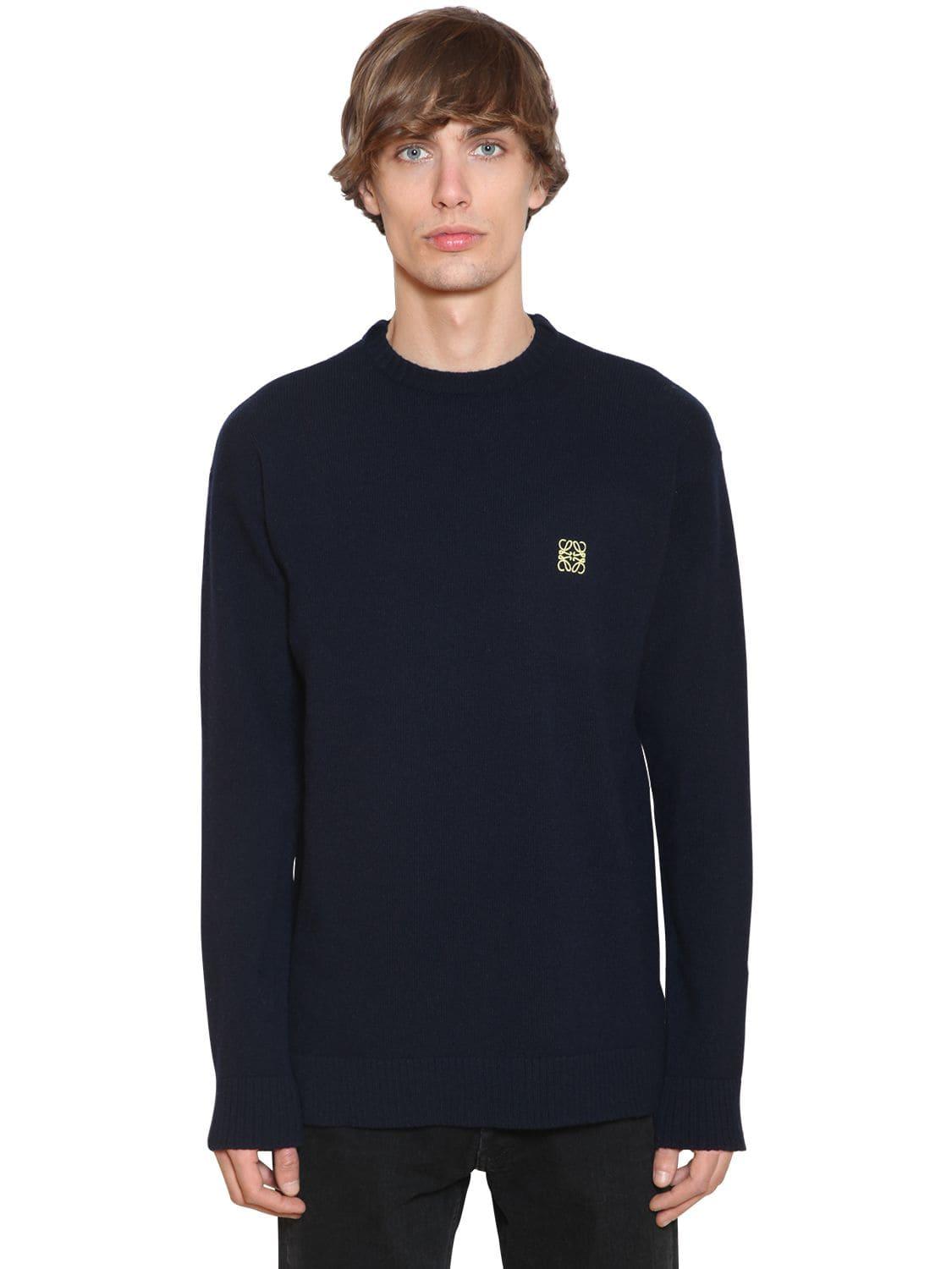 Loewe Embroidered Anagram Wool Knit Sweater in Blue for Men - Lyst