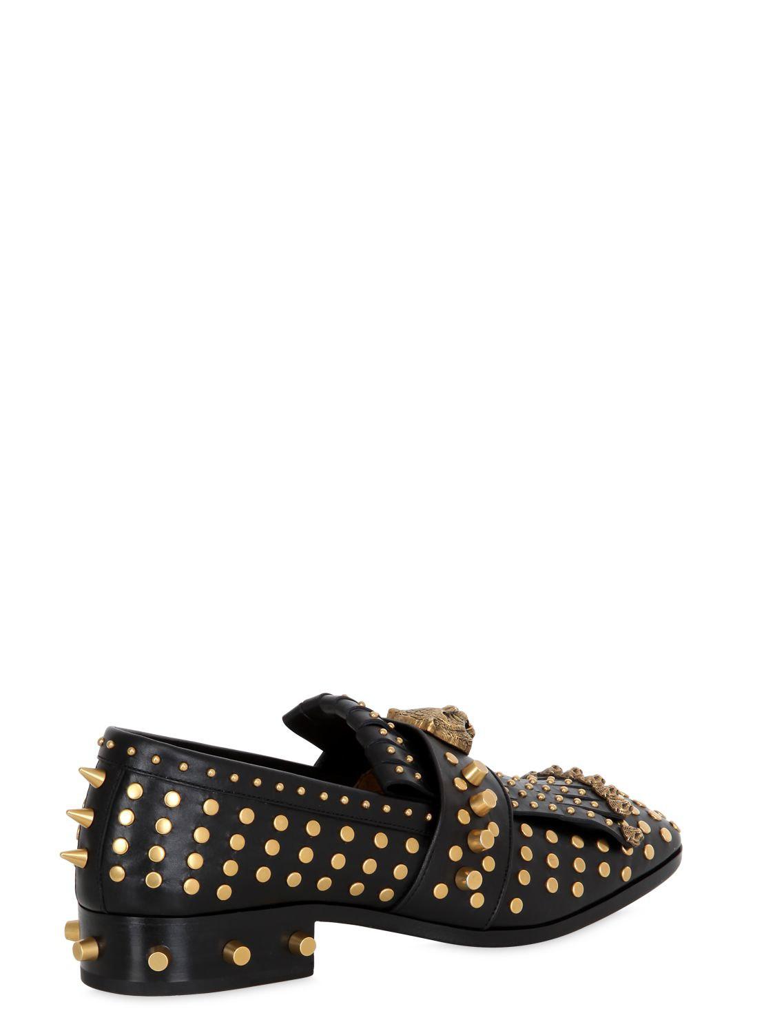 Lyst - Gucci Studded & Tiger Leather Fringed Loafers in Black