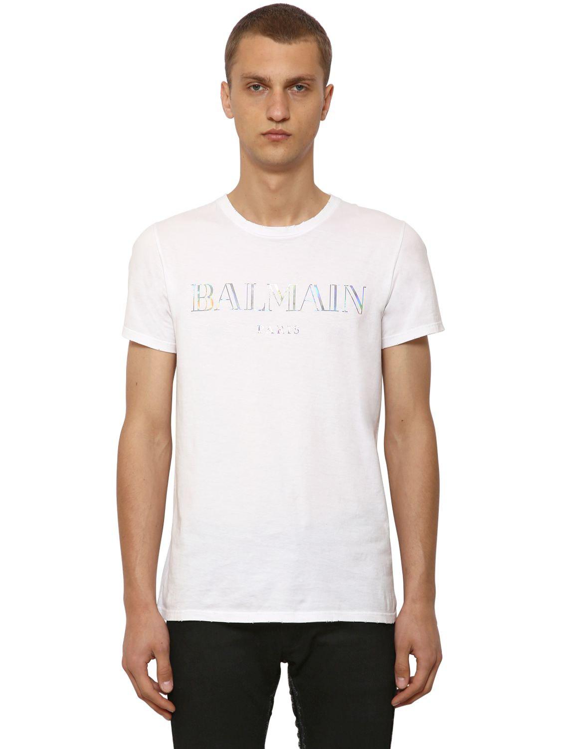 Lyst - Balmain Logo Print Cotton Jersey T-shirt in White for Men