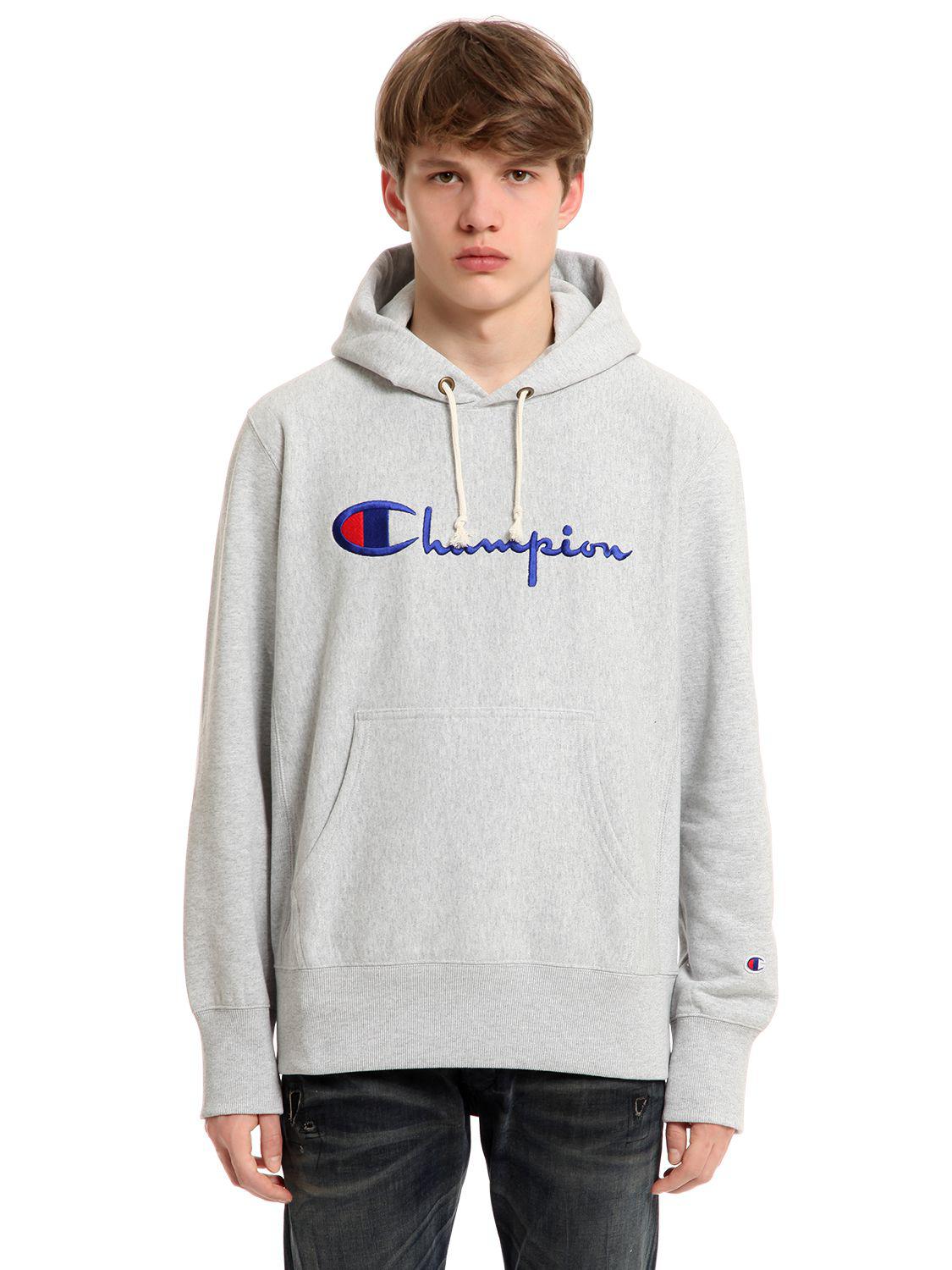 Champion Hooded Logo Cotton Sweatshirt in Gray for Men - Lyst