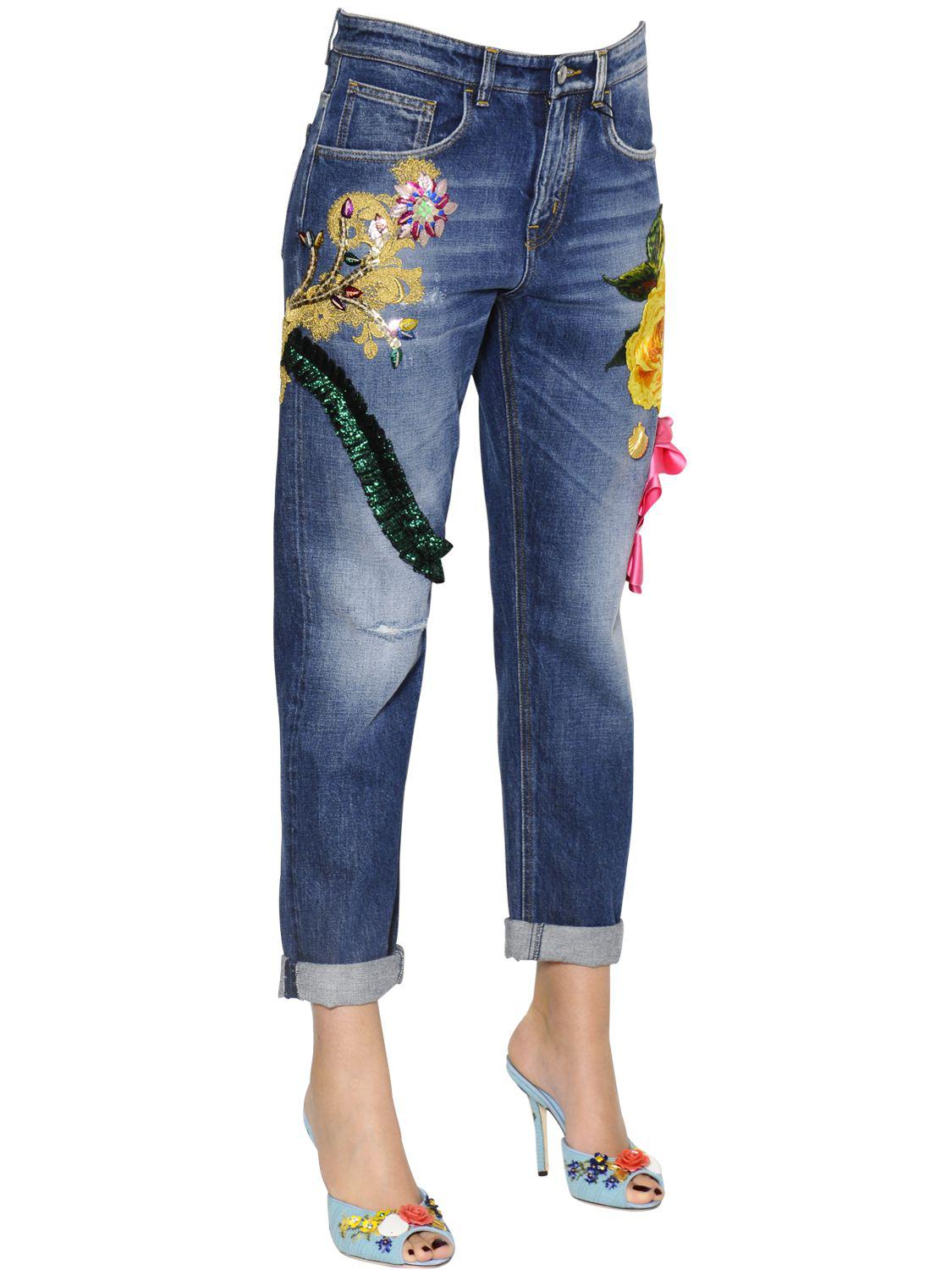 Lyst - Dolce & Gabbana Embroidered Cotton Denim Jeans in Blue