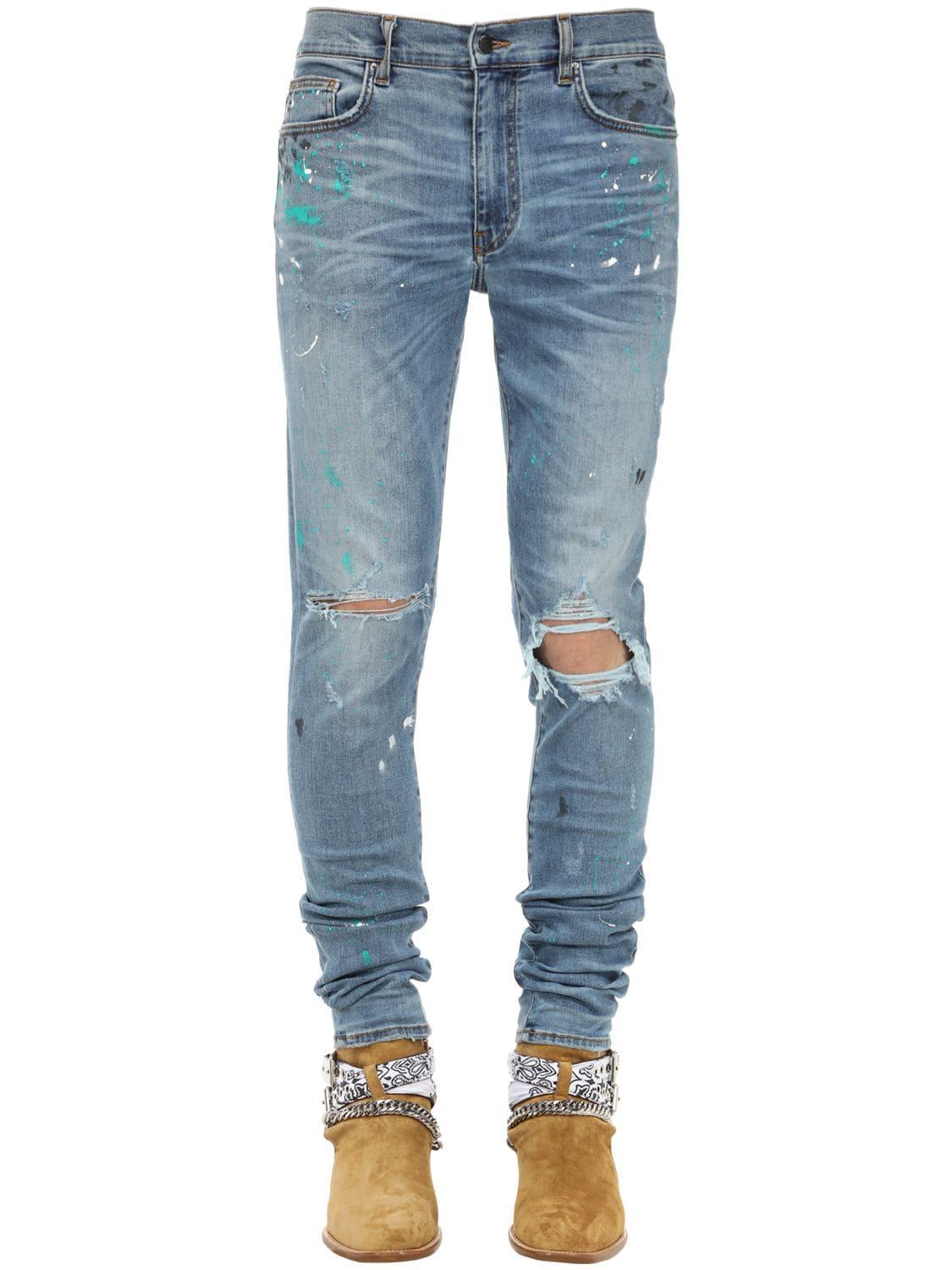 Amiri 15cm Paint Splatter Cotton Denim Jeans in Blue for Men - Lyst