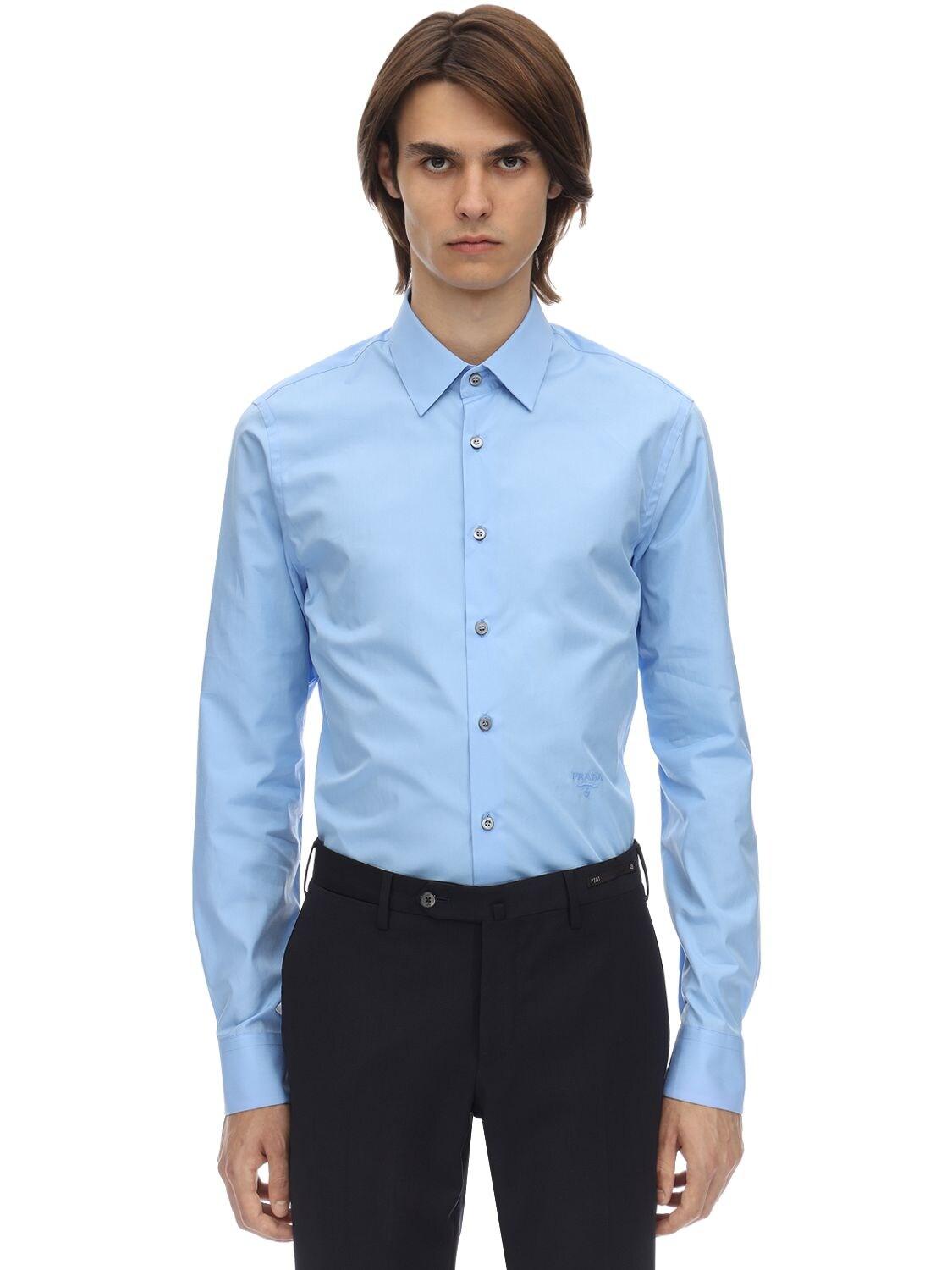 Prada Logo Slim Fit Cotton Shirt in Light Blue (Blue) for Men - Lyst