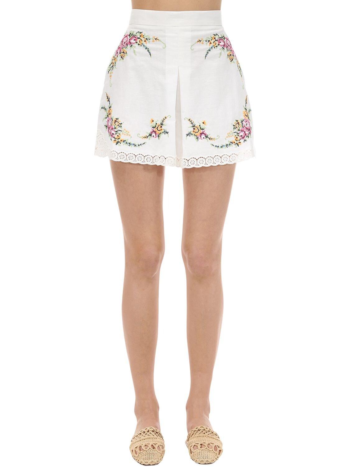 Zimmermann Print & Embroidery Linen Shorts in Ivory (White) - Lyst