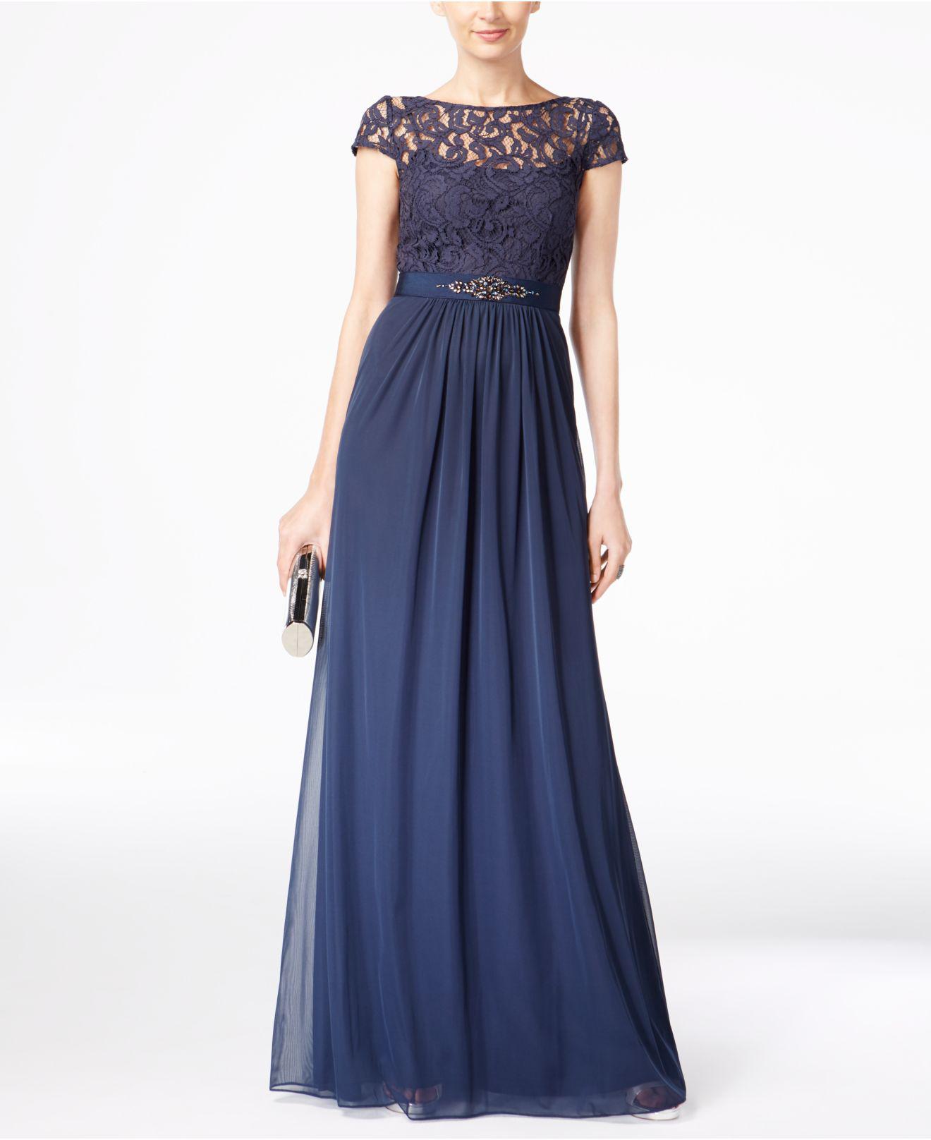 Lyst - Adrianna Papell Cap-sleeve Lace Gown in Blue
